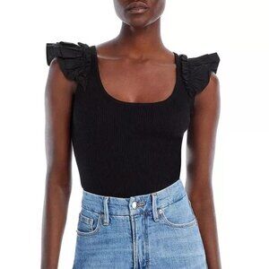 Aqua White Ribbed Flutter Sleeve Top